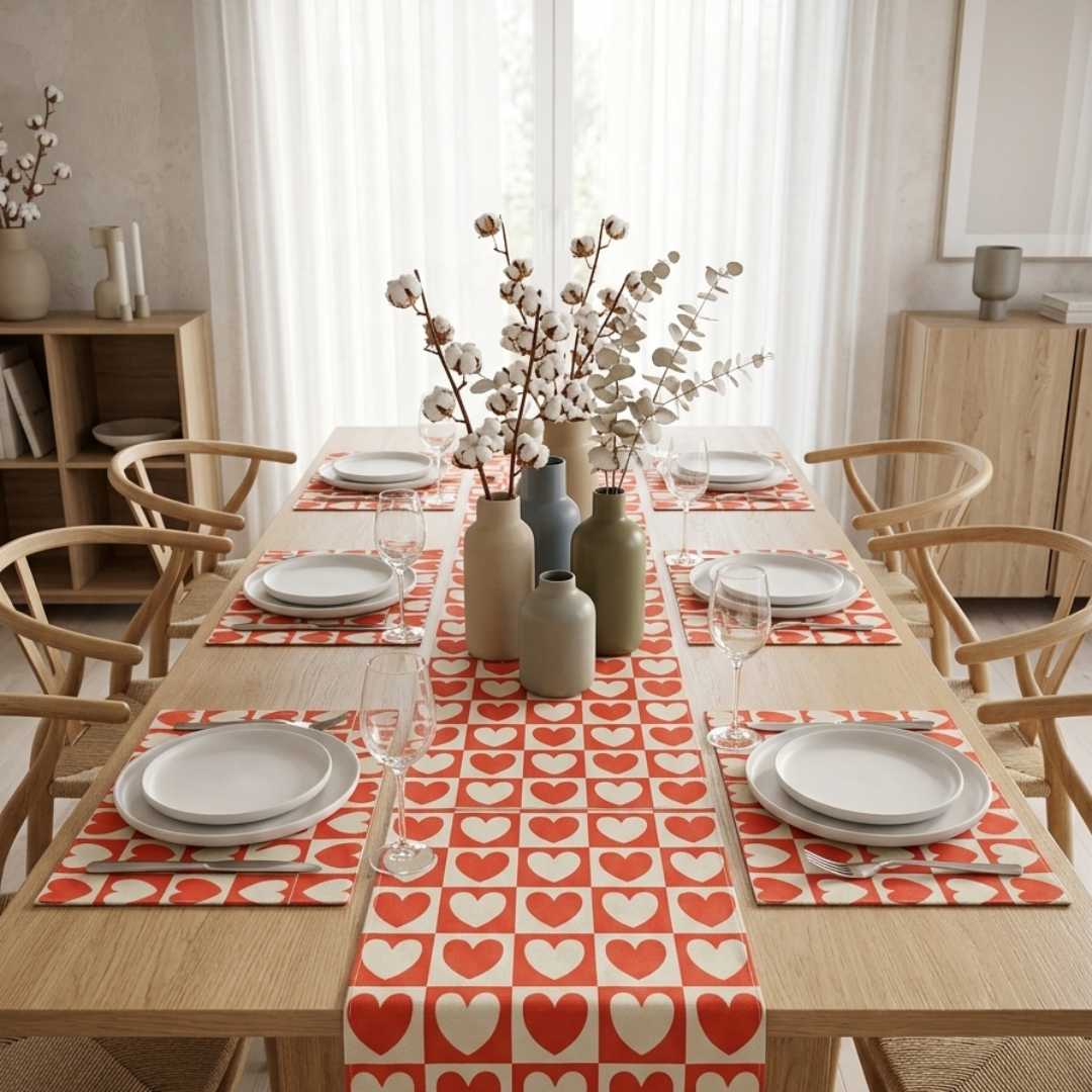 Red and cream heart-pattern table runner with matching placemats.