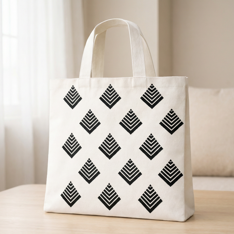 Cream tote bag with repeated black geometric diamond motifs.