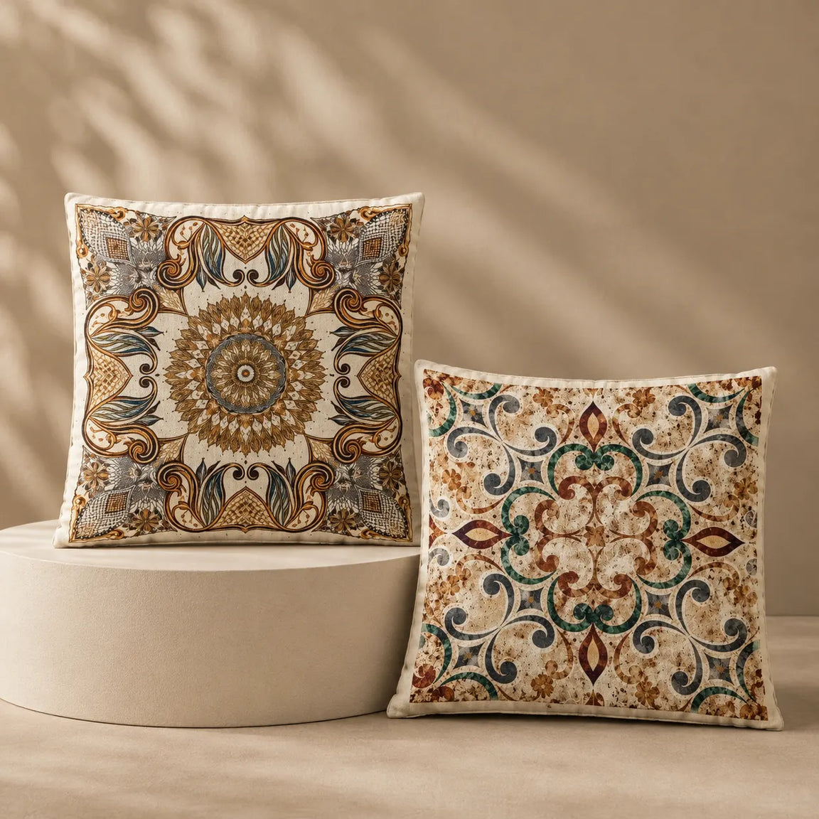 Two decorative throw pillows with ornate bohemian mandala and floral patterns in beige, brown, and teal, displayed on a beige pedestal against a warm beige wall with soft leaf shadows.