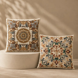 Two decorative throw pillows with ornate bohemian mandala and floral patterns in beige, brown, and teal, displayed on a beige pedestal against a warm beige wall with soft leaf shadows.