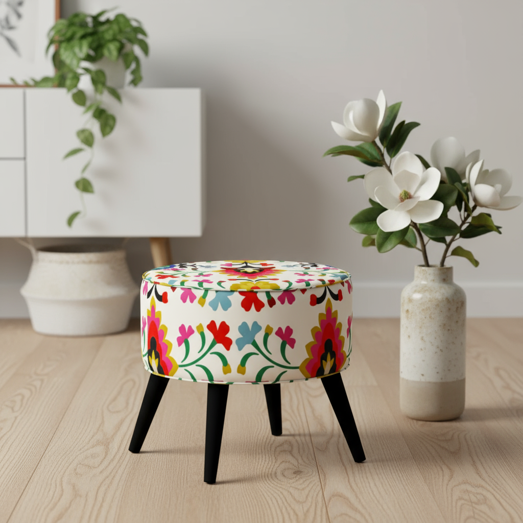 Colourful floral round ottoman on a wooden floor beside a flower vase.
