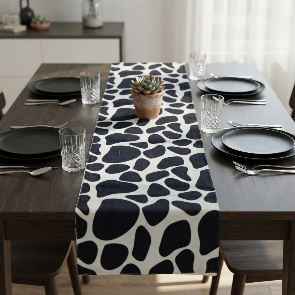 Monochrome Flora Table Runner B-Pair placed on a breon dining table 
