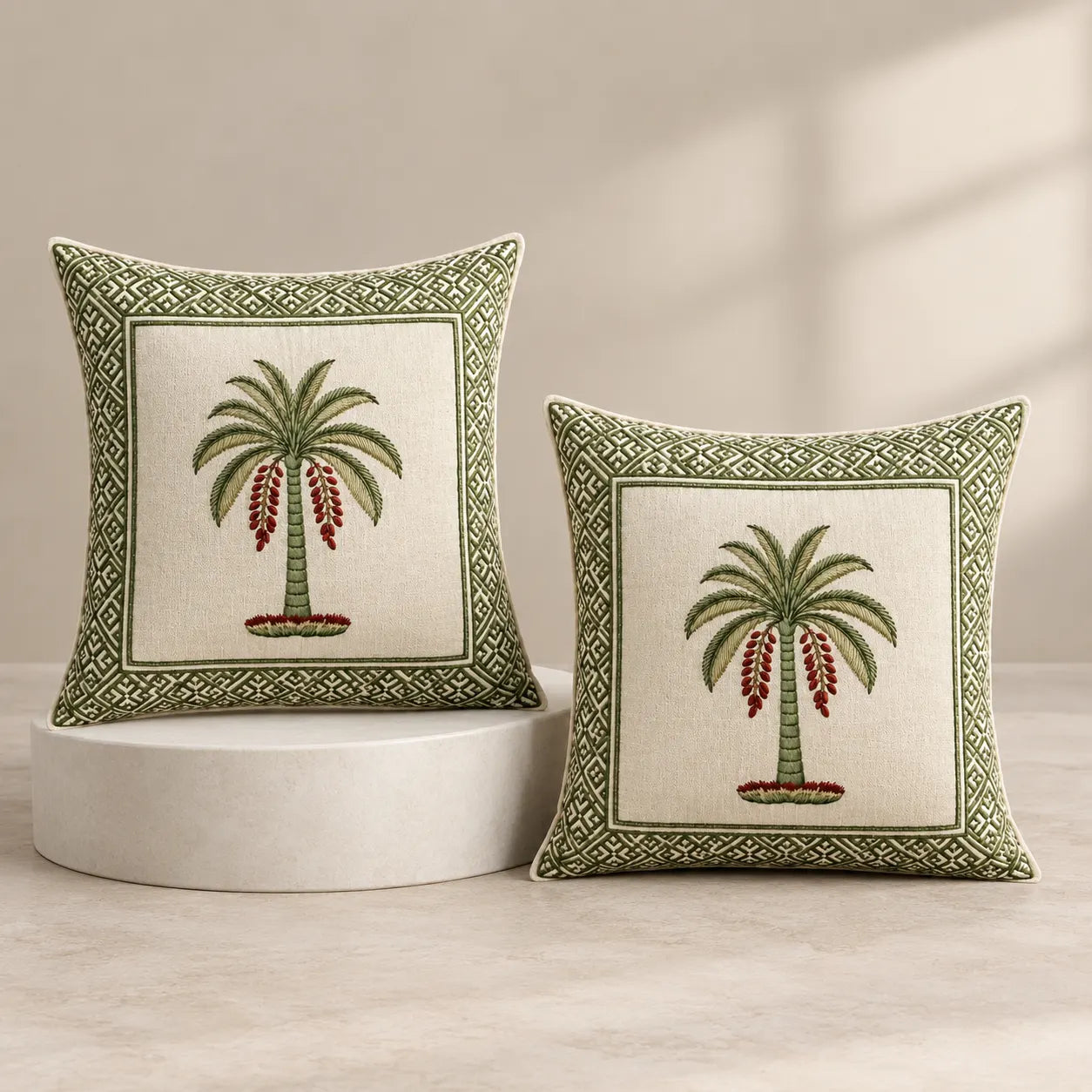 Two decorative throw pillows with embroidered palm tree designs and geometric borders, displayed on a light beige floor against a neutral wall with soft window-shadow lighting.