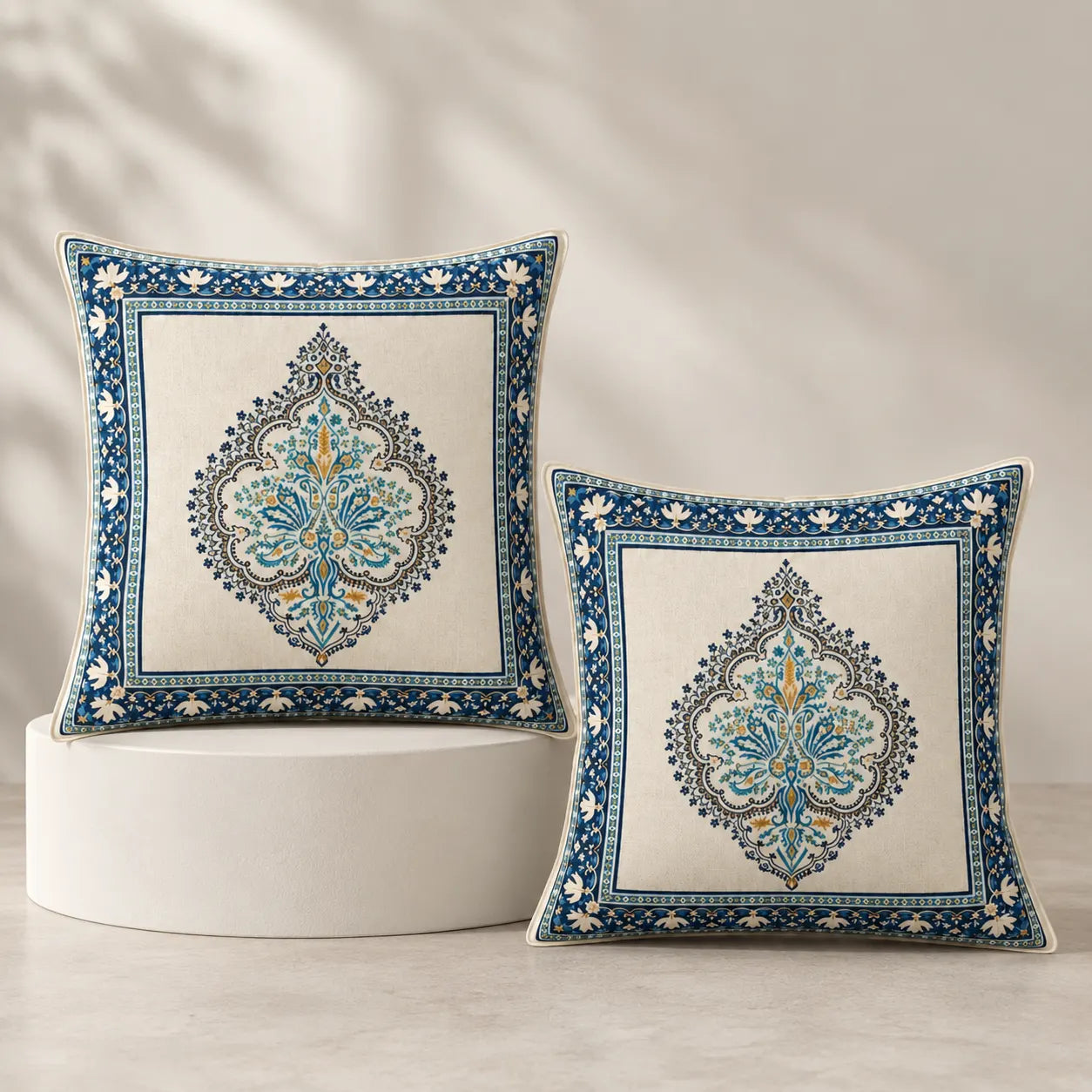 Two decorative throw pillows with intricate blue and beige medallion patterns, one displayed on a white cylindrical pedestal and the other standing beside it against a softly lit neutral background.