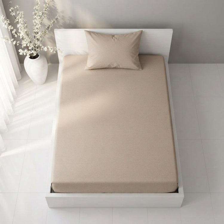 Plain Cotton Satin Bedsheet Set Sand Beige placed on bed 