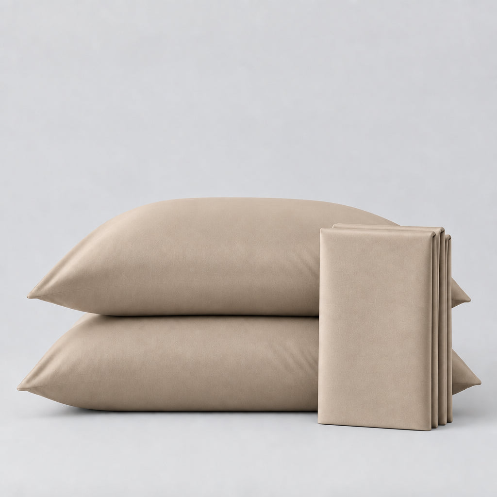 Plain Cotton Satin Bedsheet Set Sand Beige placed on light grey background