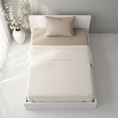 Plain Cotton Satin Bedsheet Set Sand Beige on a bed and add off white banket 