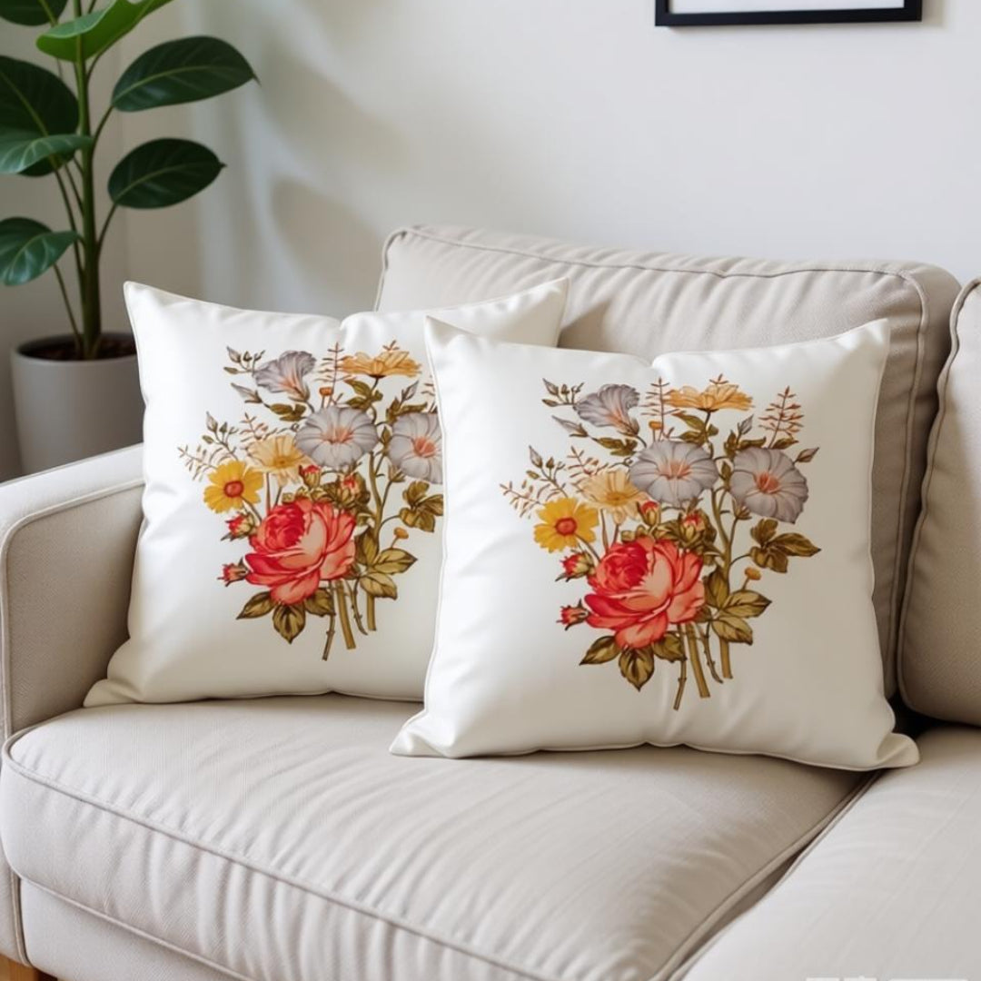 Two cream cushion covers with central bouquets of red and orange roses on a sofa.