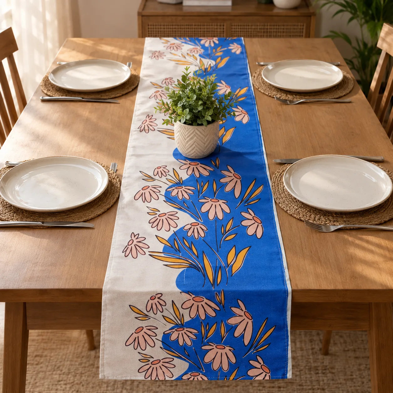 Riviera Floral Table Runner B-Pair placed on a dining table 
