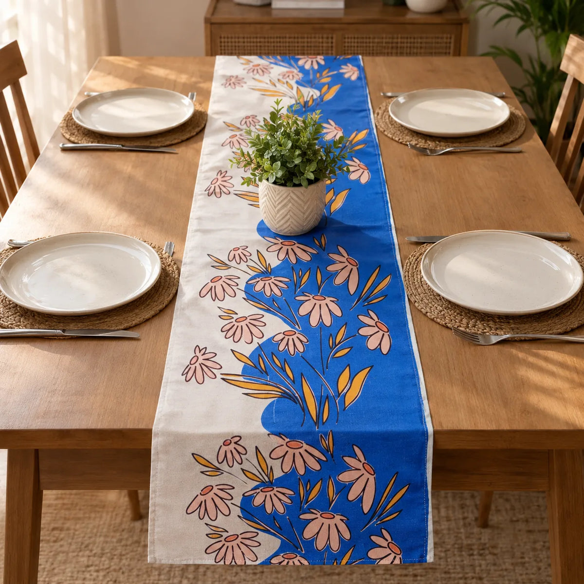 Riviera Floral Table Runner B-Pair placed on a dining table 
