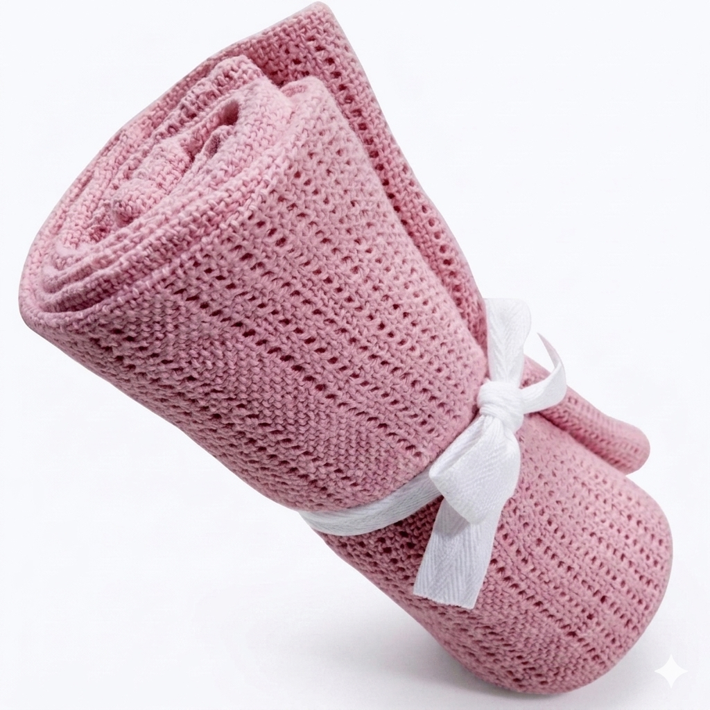 Rolled rose-pink cellular blanket tied with a white ribbon.