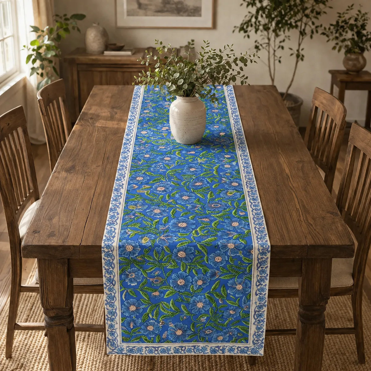 A blue floral table runner with green leaves and white accents, laid down the center of a rustic wooden dining table with chairs and a vase of flowers.