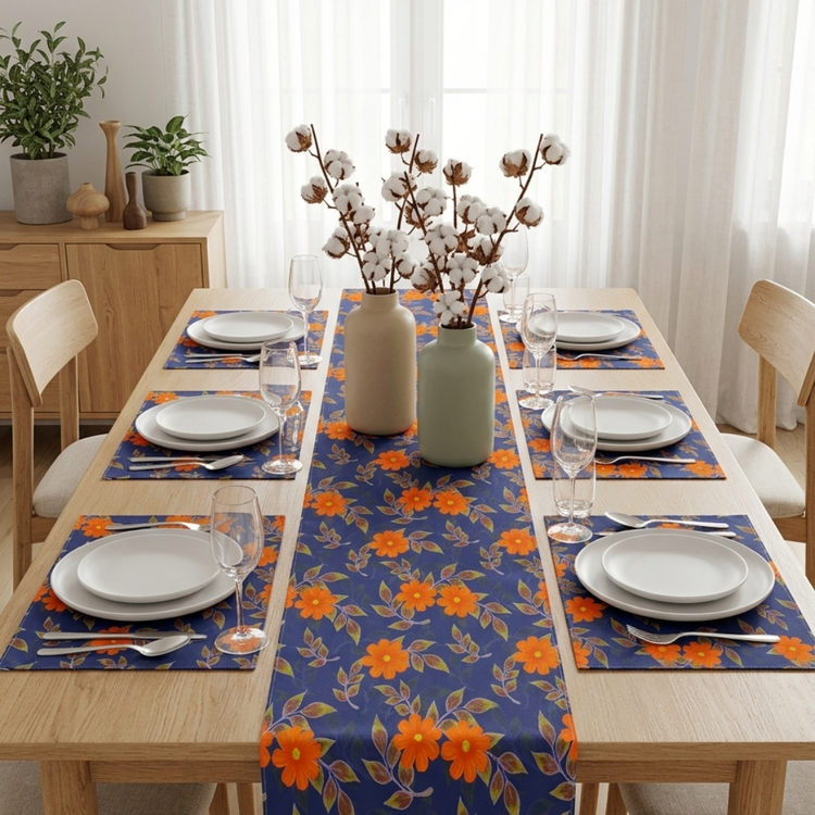Navy table runner with orange flowers and matching placemats.
