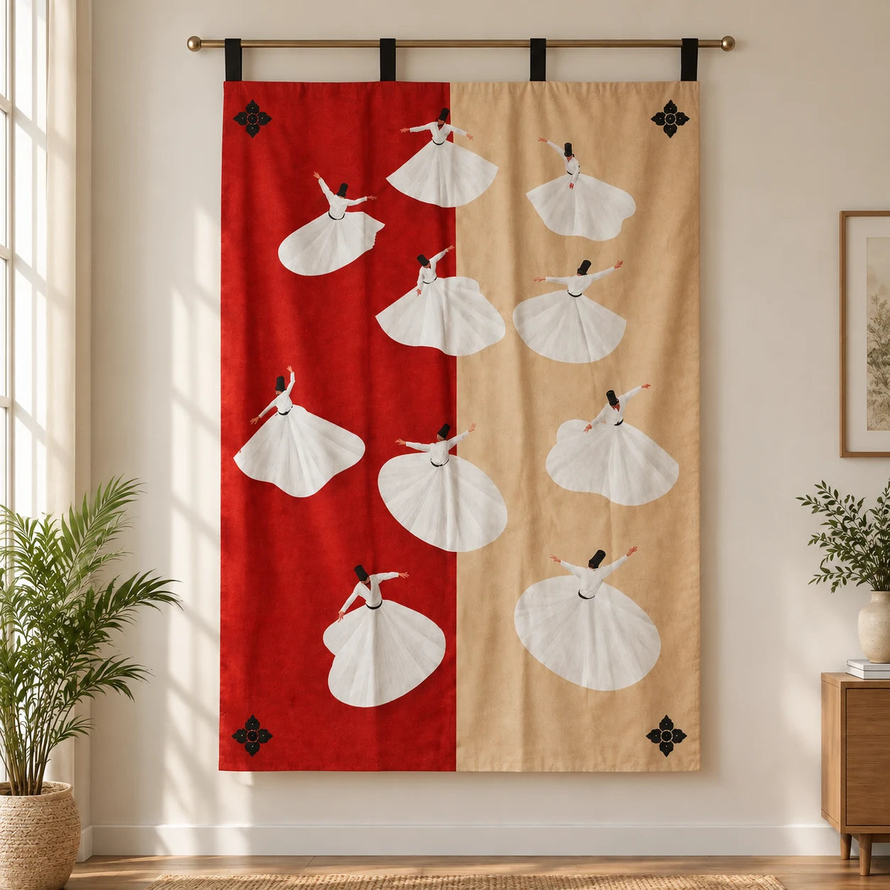 Ruhani Whirl Wall Tapestry hanging on a wall 