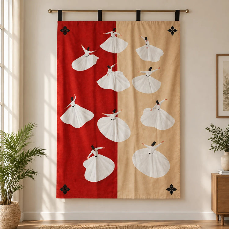 Ruhani Whirl Wall Tapestry hanging on a wall 