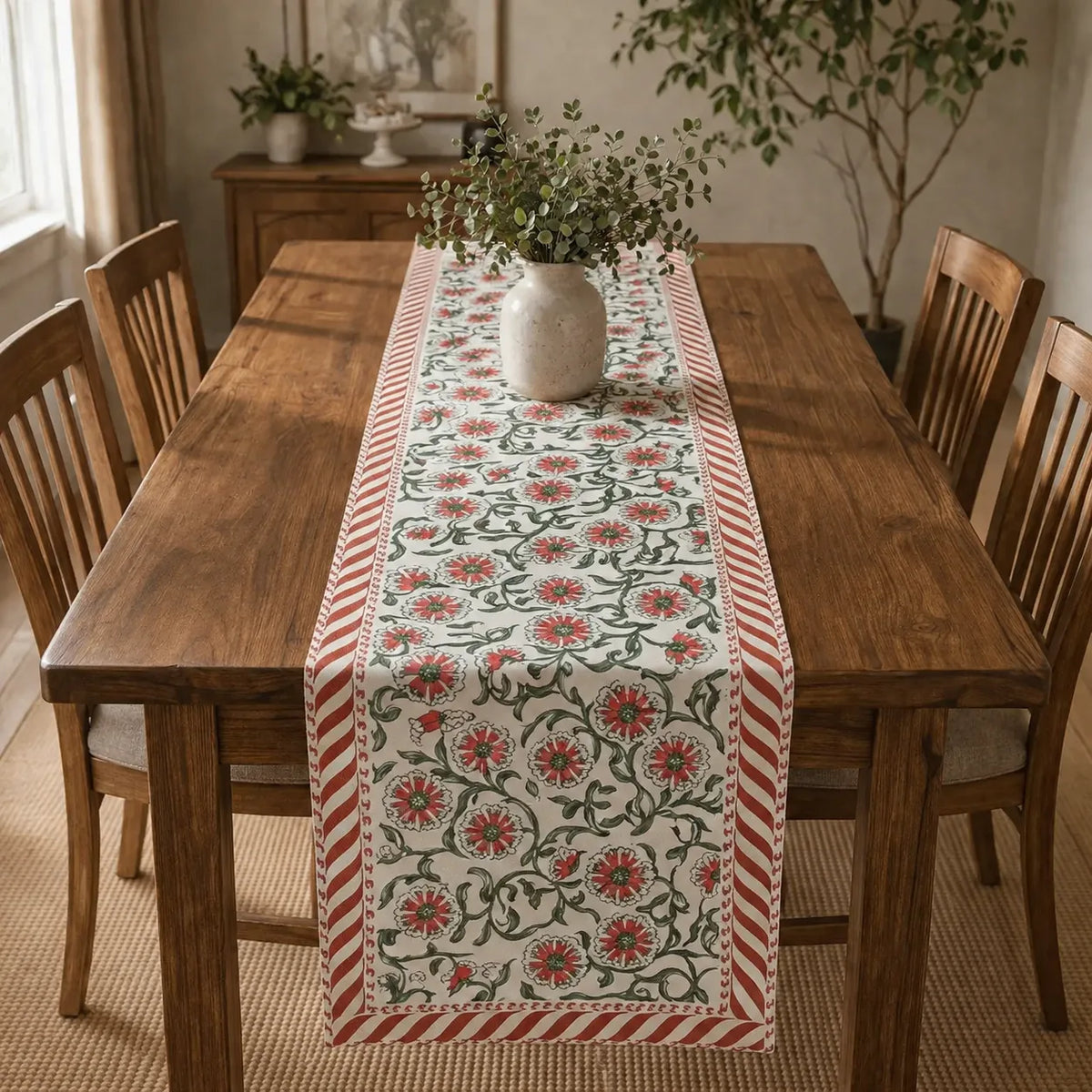 A rectangular table runner with a red and green floral pattern and striped border, displayed on a wooden dining table in a cozy room setting.
