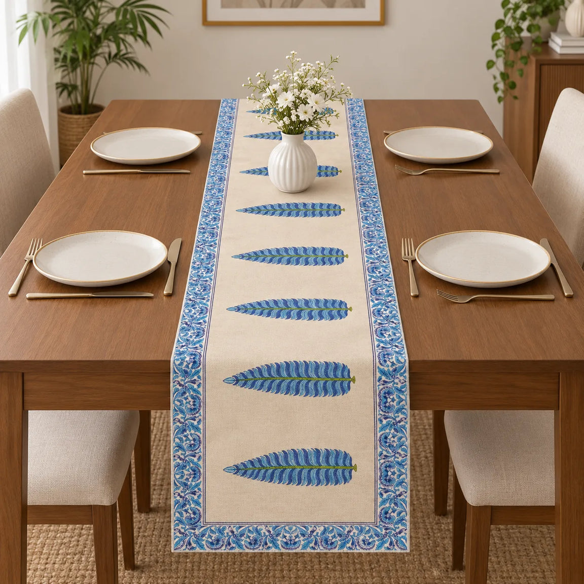 Wooden dining table set with white plates and gold cutlery, featuring a cream-colored table runner adorned with a line of blue and green textured feathers and a blue floral border.   