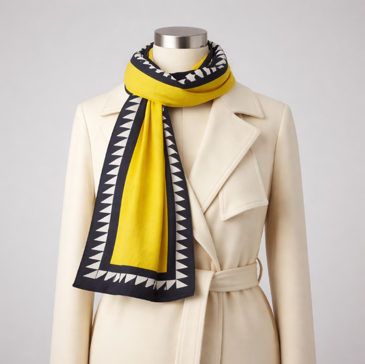 Black, white and yellow patterned scarf styled with a cream coat.