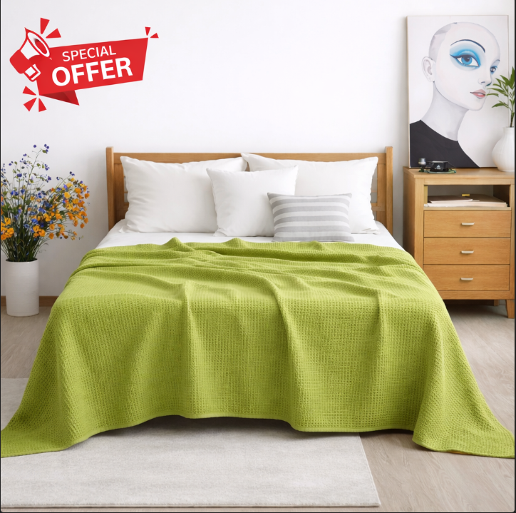 Lime green cotton thermal blanket draped over a bed.