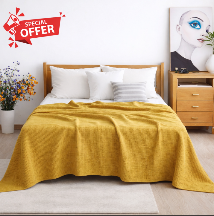 Mustard yellow cotton thermal blanket draped over a bed.