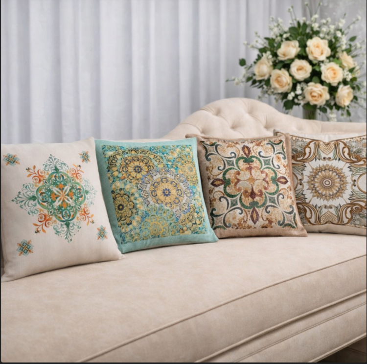 Four cream cushion covers with ornate pastel floral medallions arranged on a sofa.