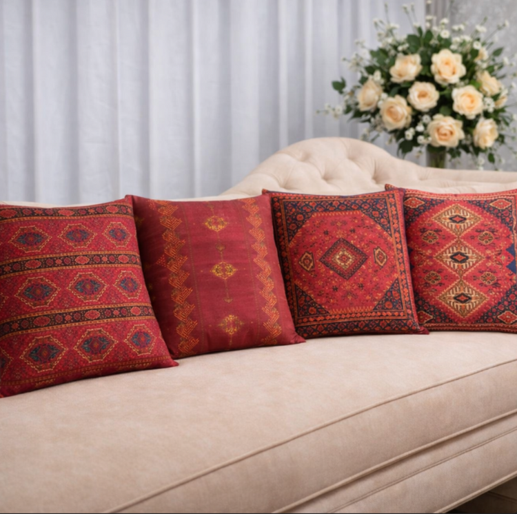 Four red cushion covers with dark ornate geometric medallions on a sofa.