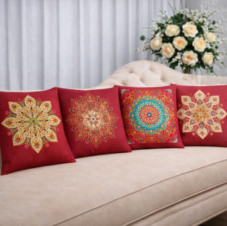 Four red cushion covers with large gold coloured and turquoise floral medallions on a sofa.