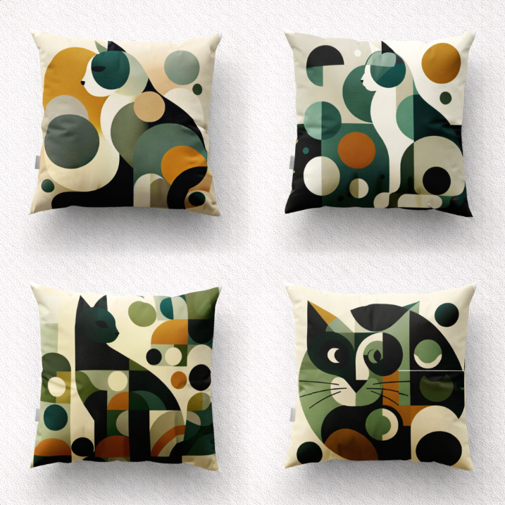 Four cream cushion covers with green, black and mustard geometric cat illustrations.