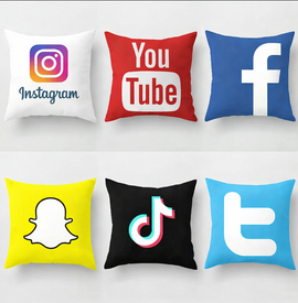Six cushion covers with colourful social media logos.