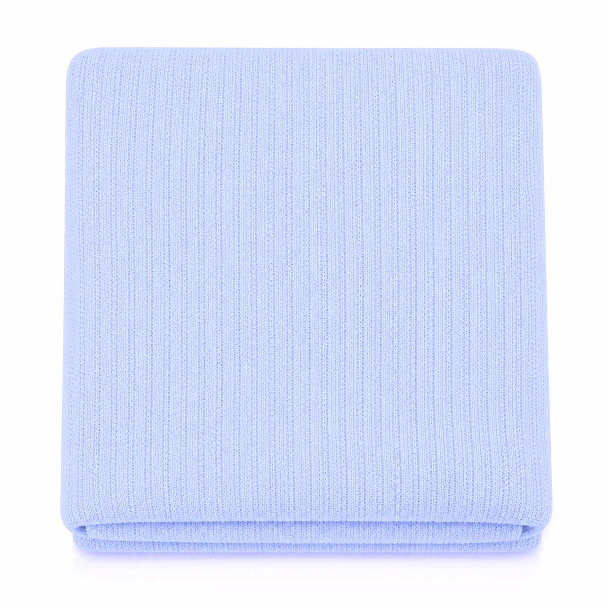 Folded light blue ribbed blanket viewed from above.