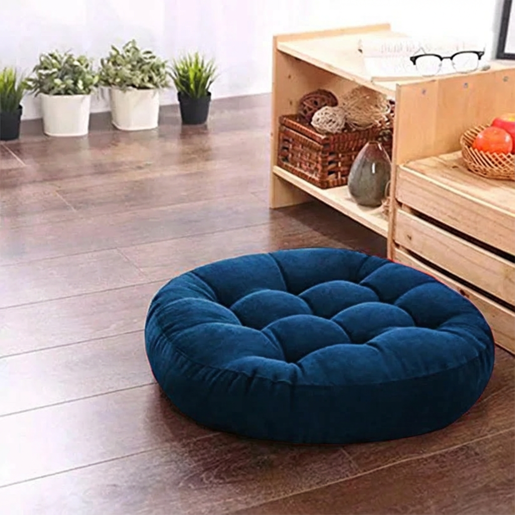 Dark Blue Solid Velvet Floor Filled Cushion
