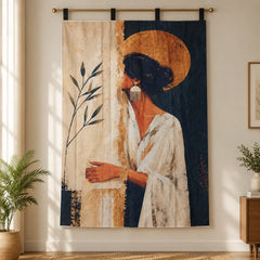 a printed wall tapestry hanging on a wall