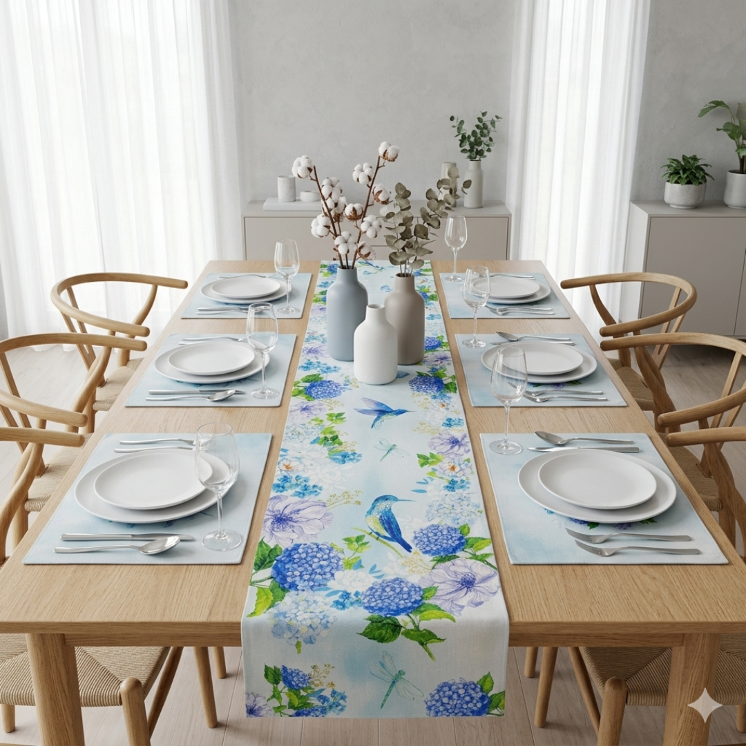 Cream bird-and-blue-flower table runner with matching placemats.