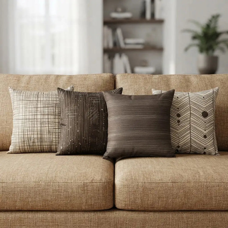 Four brown and cream cushion covers with checked, striped and chevron patterns arranged on a beige sofa.