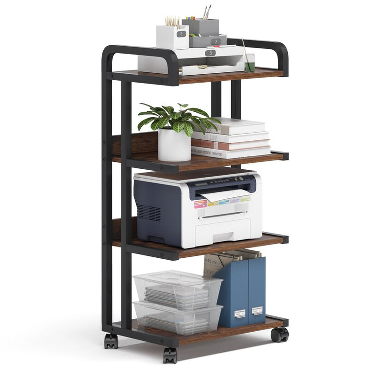 Four-tier black-frame rolling rack with brown shelves holding office equipment, a plant and folders.