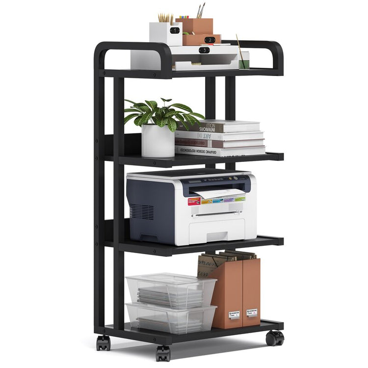 Four-tier black rolling rack holding a printer, books, folders and a plant.
