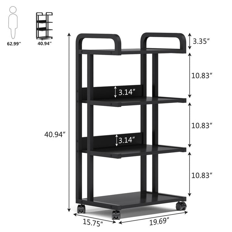 Dimension diagram of a four-tier black rolling rack with raised top handles.