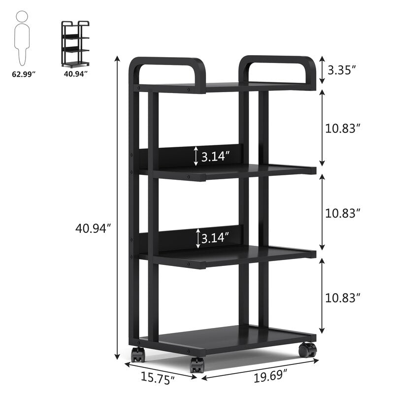 Dimension diagram of a four-tier black rolling rack with raised top handles.