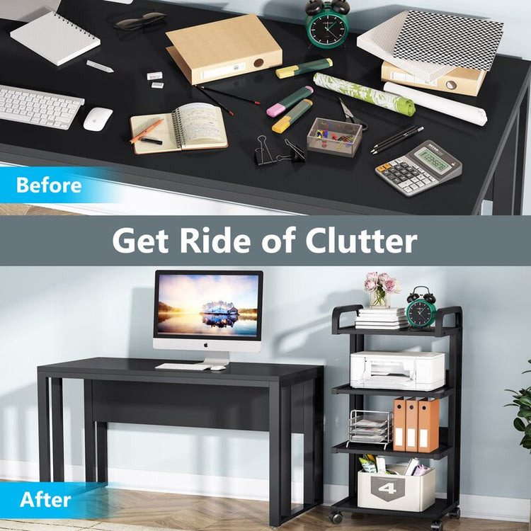 Before-and-after storage graphic showing desk clutter and an office rack holding equipment and folders.