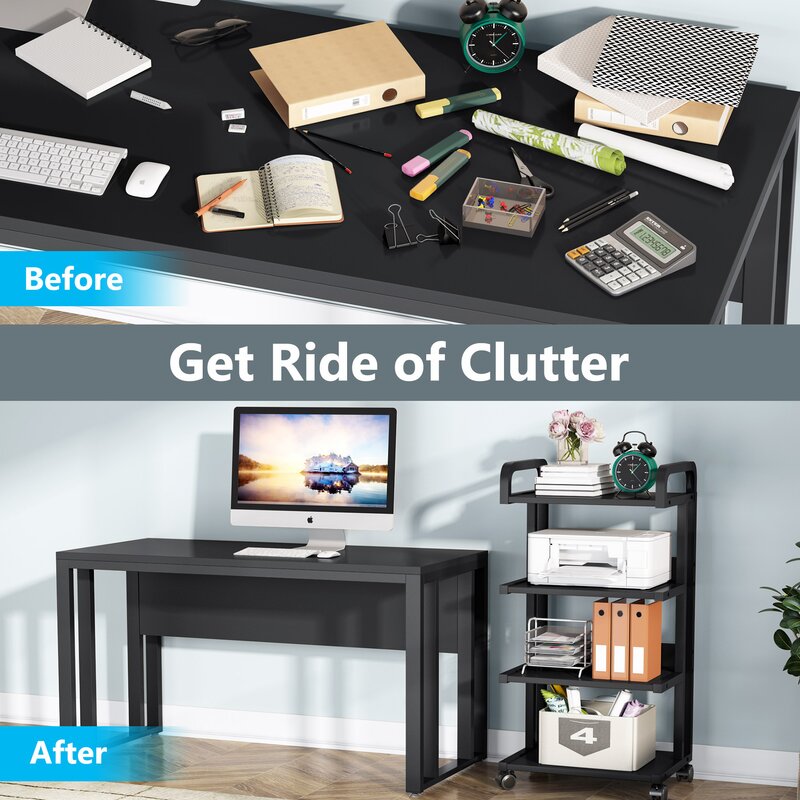 Before-and-after storage graphic showing desk clutter and an office rack holding equipment and folders.