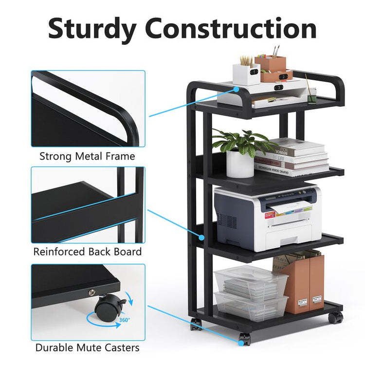 Rolling black-shelf office rack holding a printer and folders, with inset frame, back-panel and caster details.