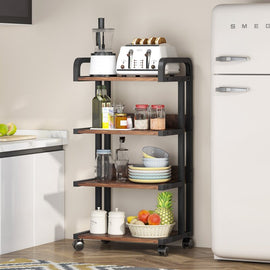 Four-tier rolling kitchen rack with brown shelves and a black frame, stocked with appliances, dishes and food.