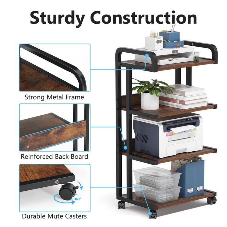 Rolling brown-shelf office rack holding a printer and folders, with inset frame, back-panel and caster details.