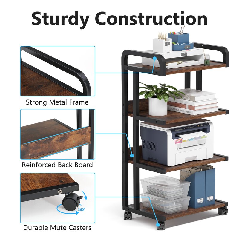 Rolling brown-shelf office rack holding a printer and folders, with inset frame, back-panel and caster details.