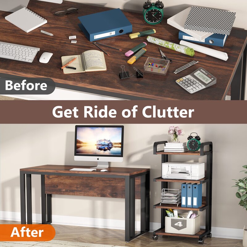 Before-and-after office storage graphic showing a cluttered desk and a rolling rack holding equipment and folders.