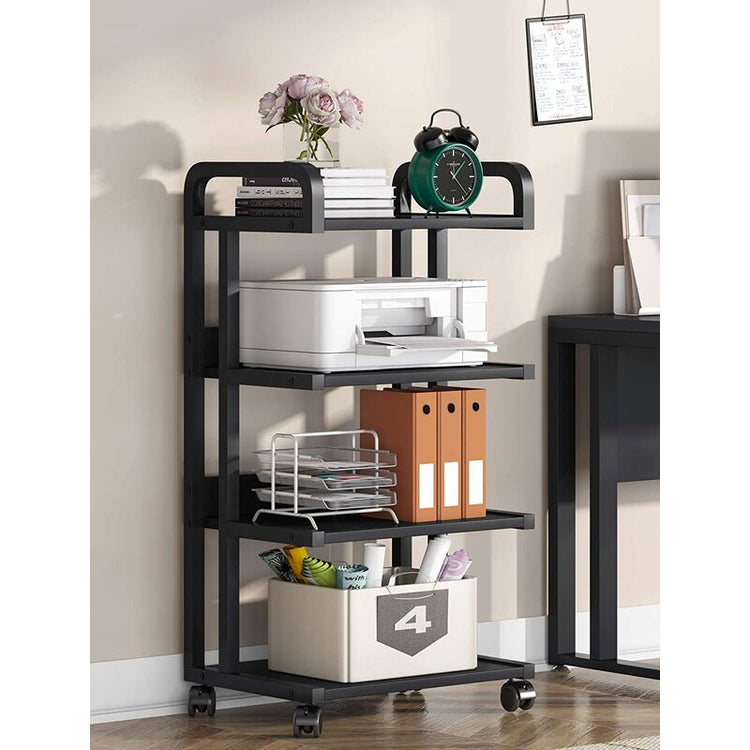 Four-tier rolling office rack holding a printer, folders and storage boxes beside a desk.