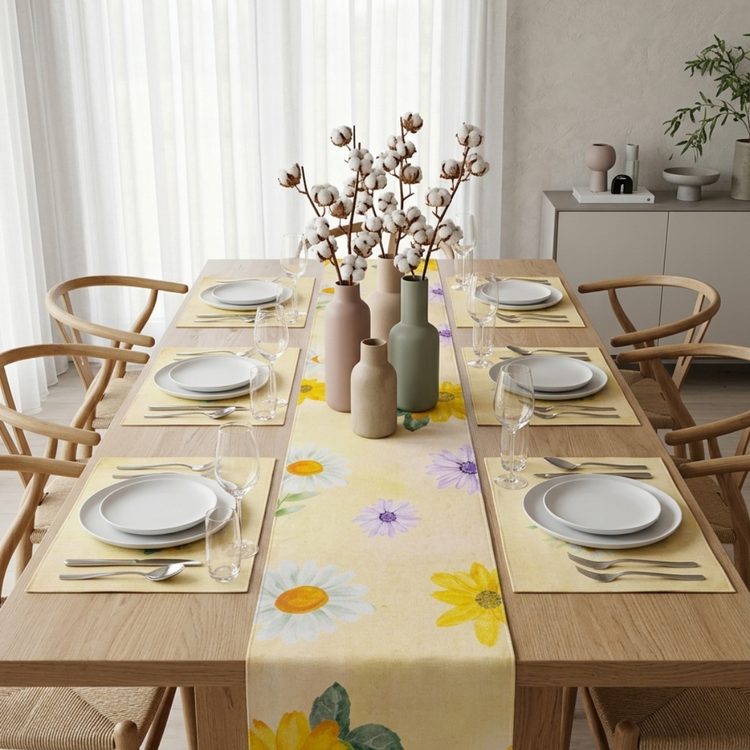 Pale yellow floral table runner with matching placemats.