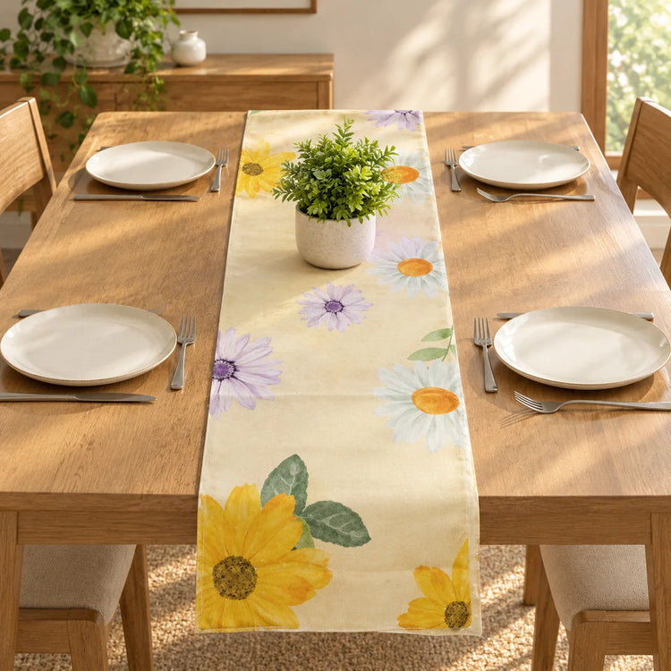 SunlitFloralTablerunnners placed on  a dining table 
