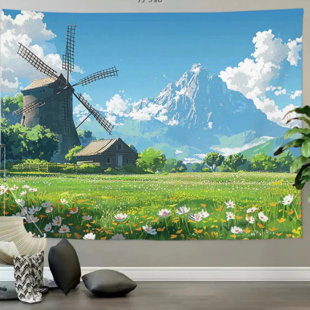 Landscape tapestry showing a windmill, flower meadow and distant mountains.