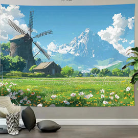 Landscape tapestry showing a windmill, flower meadow and distant mountains.
